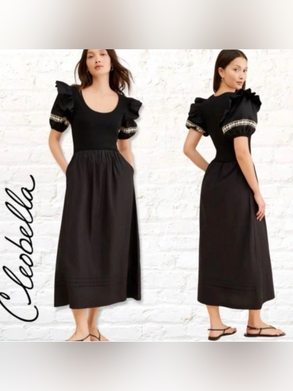 Cleobella SELMA Black White Lace Puff Ruffle Sleeve Cotton A Line Maxi Dress NEW